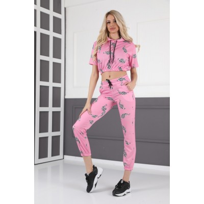 Compleu Dama sport casual roz compus din hanorac scurt si pantaloni de trening cu talie inalta cu imprimeu tigru TND025