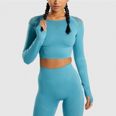 Compleu Fitness Sport albastru Colanti si Bluza scurta cu perforatii SFIT011