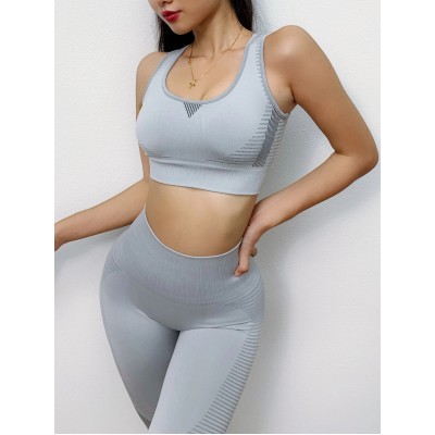 Compleu Sport Fitness gri cu Colanti Lungi cu talie inalta si Bustiera Push-up SFIT025