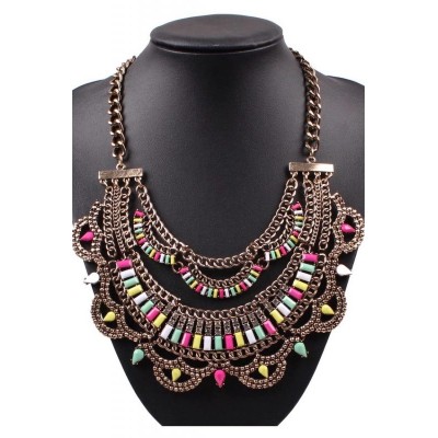 Colier Vintage Tribal Auriu cu Strasuri si Pietre Colorate COL058
