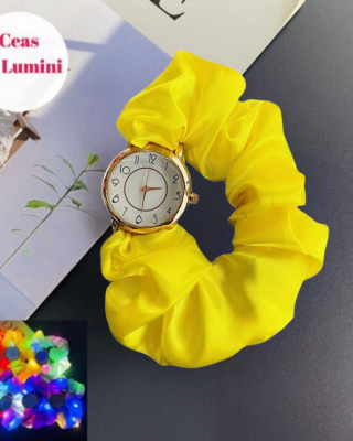 Ceas Dama Elegant cu led si funda galbena fluorescenta cu becuri intermitente  CDGV025