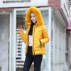 Geaca iarna matlasata galbena cambrata din puf sintetic cu gluga cu blana eco gdi001 Geaca iarna matlasata galbena cambrata din puf sintetic cu gluga cu blana eco gdi001