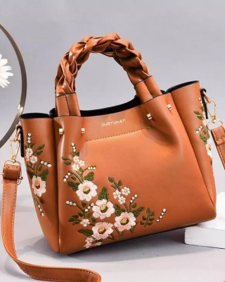 Geanta eleganta cu maner impletit maro cu flori brodate Florina ACGD097 Geanta eleganta cu maner impletit maro cu flori brodate Florina ACGD097