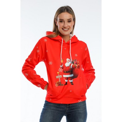 Hanorac Dama Rosu de Craciun cu gluga si fermoar si Imprimeu cu Mos Craciun HND04