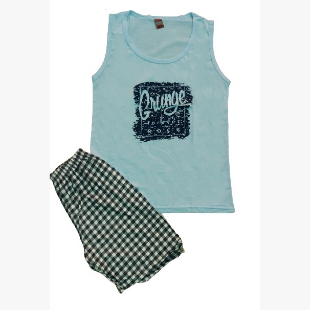 Pijama barbati turquoise din 2 piese maiou cu imprimeu si pantaloni scurti PJB07