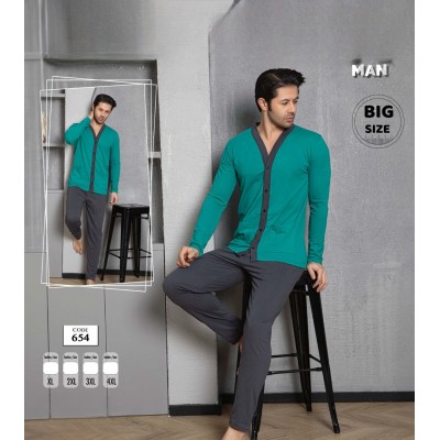 Pijama barbati batal bluza verde cu nasturi si pantaloni gri inchis PJB17