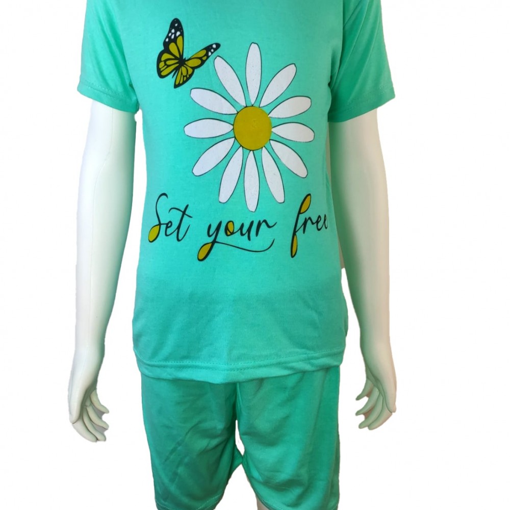 Pijama copii verde cu imprimeu floare tricou si pantaloni scurti PJCCF016 Pijama copii verde cu imprimeu floare tricou si pantaloni scurti PJCCF016