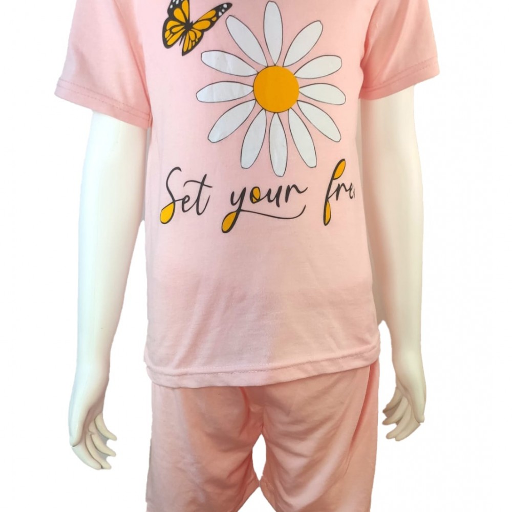 Pijama copii roz cu imprimeu floare tricou si pantaloni scurti PJCCF016 Pijama copii roz cu imprimeu floare tricou si pantaloni scurti PJCCF016