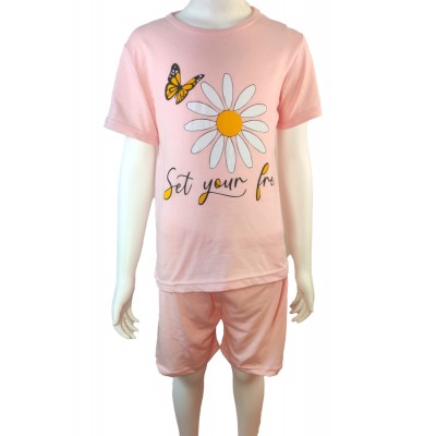 Pijama copii roz cu imprimeu floare tricou  si pantaloni scurti  PJCCF016