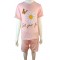 Pijama copii roz cu imprimeu floare tricou  si pantaloni scurti  PJCCF016