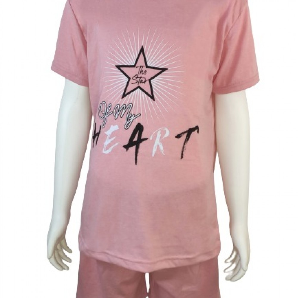 Pijama copii roz cu imprimeu stea tricou si pantaloni scurti PJCCF015 Pijama copii roz cu imprimeu stea tricou si pantaloni scurti PJCCF015