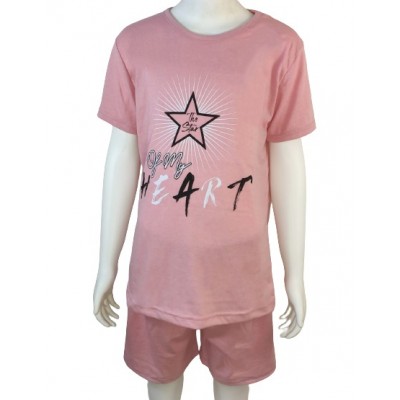 Pijama copii roz cu imprimeu stea tricou  si pantaloni scurti  PJCCF015