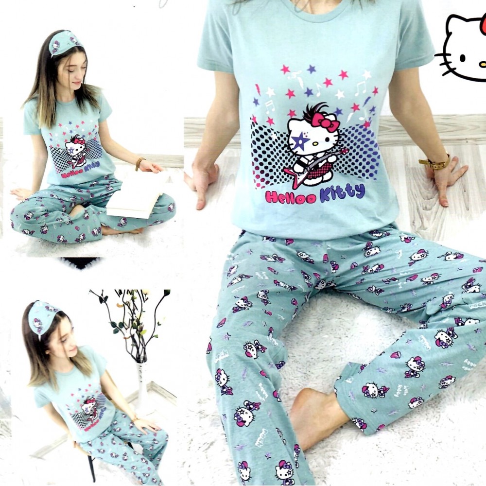 Pijama Dama Turcoaz cu Masca de dormit Maneca Scurta si Pantaloni Lungi HKity PJD016 Pijama Dama Turcoaz cu Masca de dormit Maneca Scurta si Pantaloni Lungi HKity PJD016