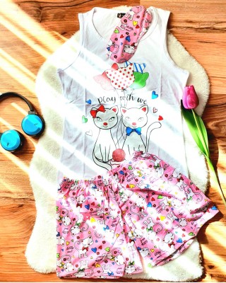Pijama Dama Alba cu Masca de dormit Maiou si Pantaloni Scurti Cats PJD031 Pijama Dama Alba cu Masca de dormit Maiou si Pantaloni Scurti Cats PJD031
