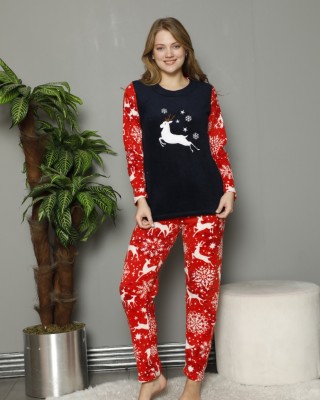 Pijamale dama rosie din doua piese cu bluza cocolino si pantaloni lungi cu imprimeu ren PJD041 Pijamale dama rosie din doua piese cu bluza cocolino si pantaloni lungi cu imprimeu ren PJD041