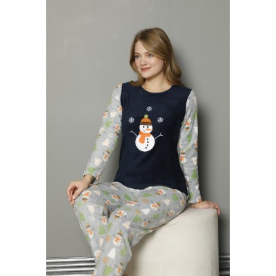 Pijamale dama bleumarin din doua piese cu bluza cocolino si pantaloni lungi cu imprimeu Om de Zapada PJD042