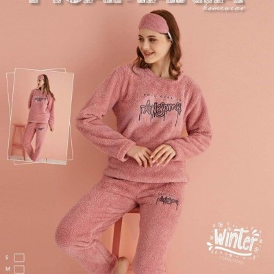 Pijama Cocolino Dama Roz Pudra cu Imprimeu AwesomePJD066