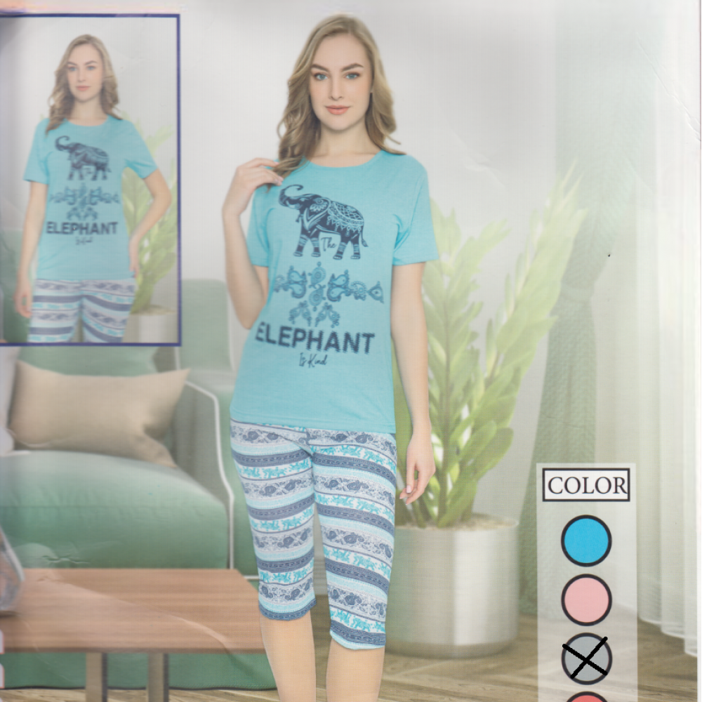 Pijama Dama gri tricou cu imprimeu elefant si pantaloni trei sferturi PJD084 Pijama Dama gri tricou cu imprimeu elefant si pantaloni trei sferturi PJD084