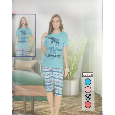 Pijama Dama gri tricou cu imprimeu elefant si pantaloni trei sferturi PJD084