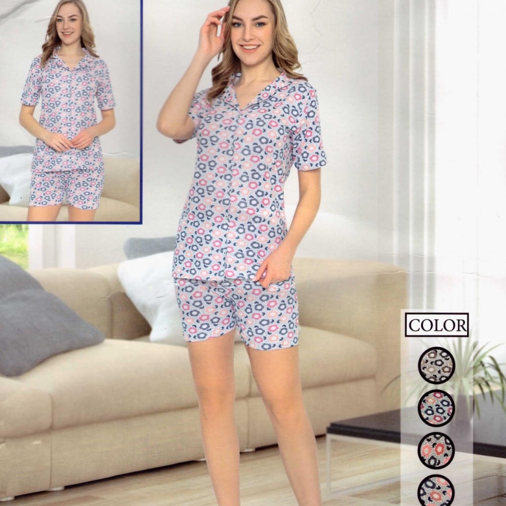 Pijamale dama cu nasturi din 2 piese cu bluza si pantaloni scurti cu imprimeu flori PJD085 Pijamale dama cu nasturi din 2 piese cu bluza si pantaloni scurti cu imprimeu flori PJD085