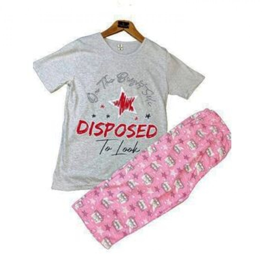 Pijama Dama batal tricou gri cu imprimeu stea si pantaloni roz trei sferturi PJD086 Pijama Dama batal tricou gri cu imprimeu stea si pantaloni roz trei sferturi PJD086