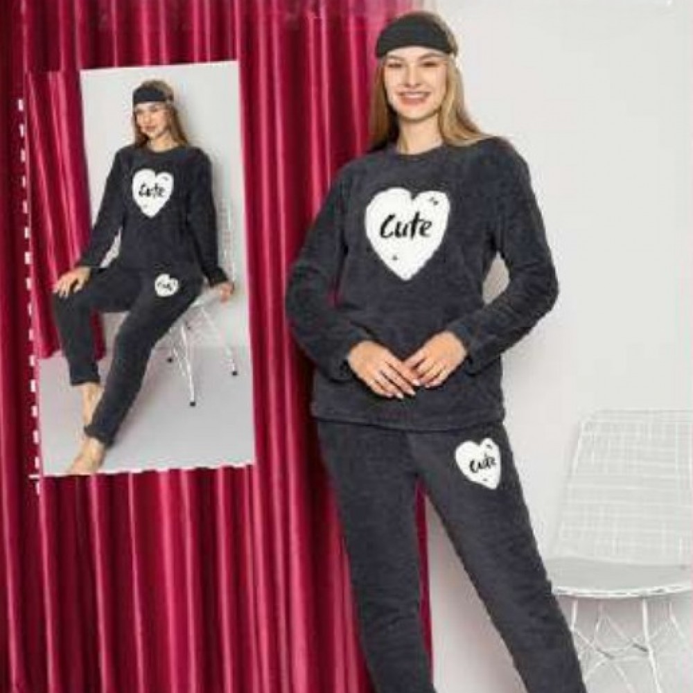 Pijama Cocolino Dama Neagra cu imprimeu inima si Masca Somn PJD103