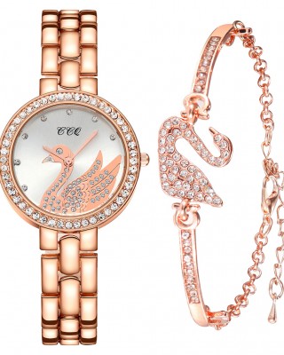 Ceas Dama Luxury roz auriu cu lebada si bratara cu strasuri CADOU QUARTZ CDQZ056