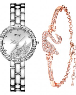 Ceas Dama Luxury argintiu cu lebada si bratara roz auriu cu strasuri CADOU QUARTZ CDQZ056