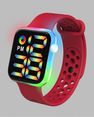 Ceas digital cu lumini cadran patrat si bratara rosie reglabila din silicon QUARTZ CDQZ112
