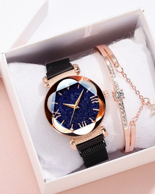 Ceas Dama cu bratara magnetica tip plasa cadran negru+bratara cu strasuri Black QUARTZ CDQZ115