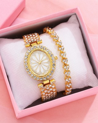 Set Ceas Dama Gold oval din metal cu strasuri + bratara QUARTZ CDQZ118