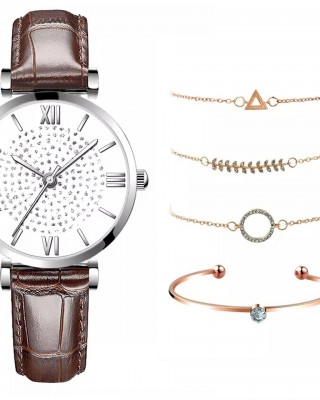 Ceas Dama cu bratara piele eco maro si set de 4 bratari aurii +Cutie CADOU QUARTZ CDQZ121