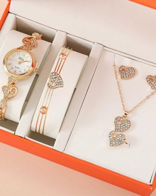 Set Ceas Dama Elegant auriu cu inimioare si cu set bijuterii cadou: cercei + colier + bratara + inel + cutie QUARTZ CDQZ122