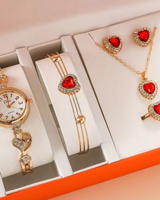 Set Ceas Dama Elegant auriu cu inimioare, pietre semipretioase rosii si cu set bijuterii cadou: cercei + colier + bratara + inel + cutie QUARTZ CDQZ122