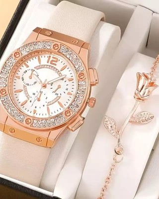 Ceas Dama Luxury  auriu cu strasuri- bratara alba si bratara Tandafir CDQZ123