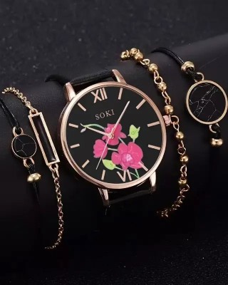 Ceas Dama Luxury  auriu cu orhidee si  bratara neagra CDQZ124