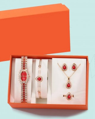 Set Ceas Dama Elegant auriu cu rosu si cu set bijuterii cadou: cercei + colier + bratara + cutie  QUARTZ CDQZ129