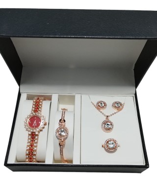 Set Ceas Dama Elegant rosu cu set bijuterii cadou: cercei + colier + bratara + inel + cutie  QUARTZ CDQZ130