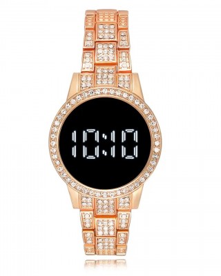 Ceas Dama Luxury roze-auriu cu strasuri pe carcasa si curea cu afisaj led digital CDQZ136