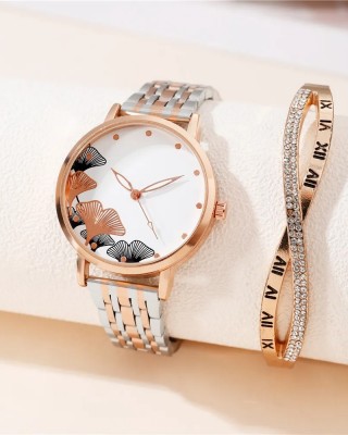  Set Ceas Dama Elegant cadran alb curea material inoxidabil +bratara infinit cu strasuri  QUARTZ CDQZ142