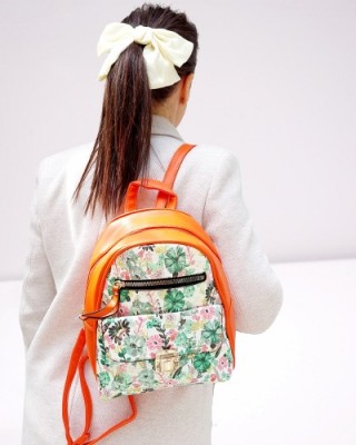 Rucsac fashion portocaliu din piele eco cu print floral  ACRD264