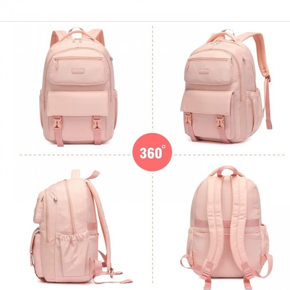 Ghiozdan tip Rucsac roz din material textil impermeabil cu buzunare multiple si catarame ACRD378 Ghiozdan tip Rucsac roz din material textil impermeabil cu buzunare multiple si catarame ACRD378