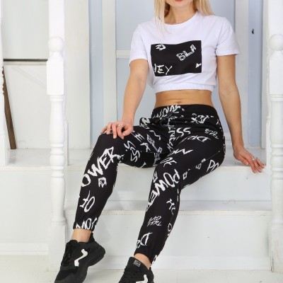 Trening Dama Fashion negru cu bluza scurta si pantaloni cu talie inalta TND015