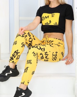 Trening Dama Fashion galben cu bluza scurta si pantaloni cu talie inalta TND015 Trening Dama Fashion galben cu bluza scurta si pantaloni cu talie inalta TND015
