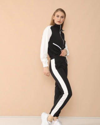Trening Dama Fashion negru cu alb din 2 piese casual chic TND037 Trening Dama Fashion negru cu alb din 2 piese casual chic TND037