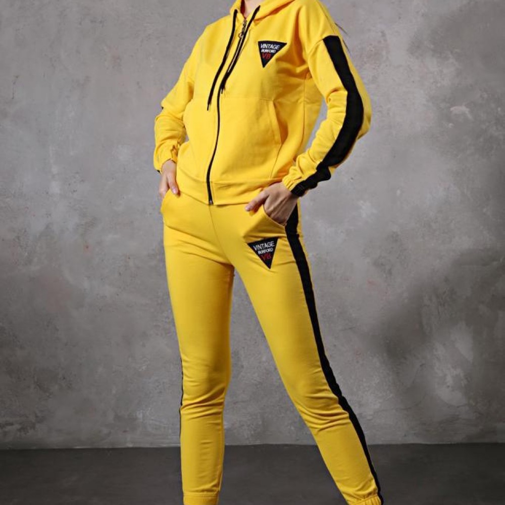 Trening Dama sport casual galben compus din hanorac si pantaloni de trening cu talie inalta TND058