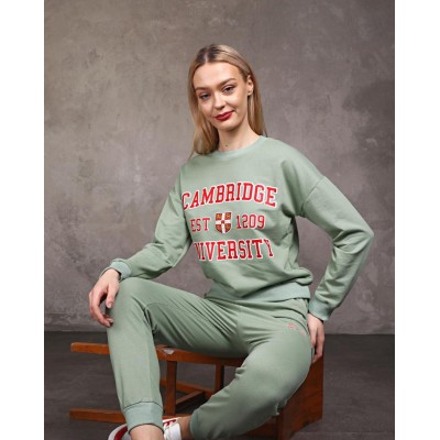 Trening Dama sport casual verde fistic compus din bluza scurta si pantaloni de trening cu talie inalta TND073