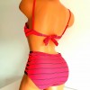 Costum de Baie din doua piese cu sutien cupe cu dungi negre bretele detasabile si slip cu talie inalta CBD026 Costum de Baie din doua piese cu sutien cupe cu dungi negre bretele detasabile si slip cu talie inalta CBD026