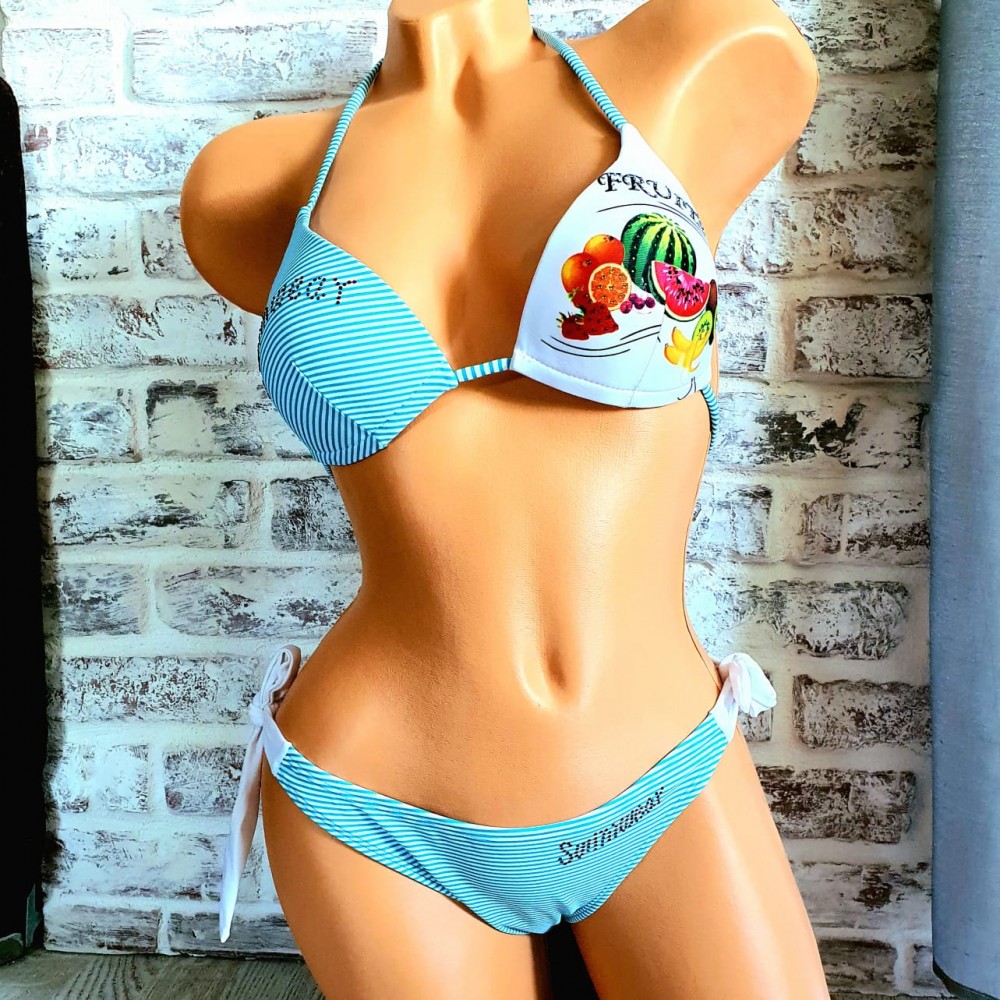 Costum de Baie albastru din doua piese cu sutien triunghi push up si slip cu inchidere laterala Fruits CBD001 Costum de Baie albastru din doua piese cu sutien triunghi push up si slip cu inchidere laterala Fruits CBD001