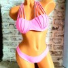 Costum de Baie roz din doua piese cu sutien scoica push up cu bretele decorative CBD002 Costum de Baie roz din doua piese cu sutien scoica push up cu bretele decorative CBD002